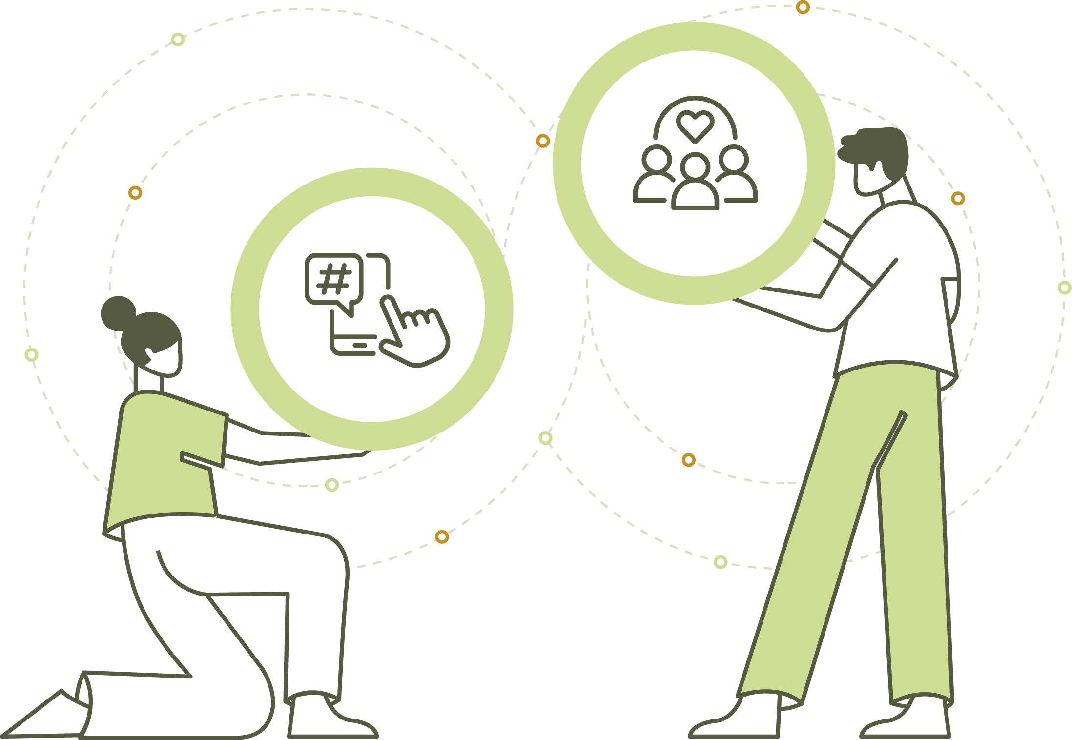 h2o illustration — two figures with infinity loop and circle motifs