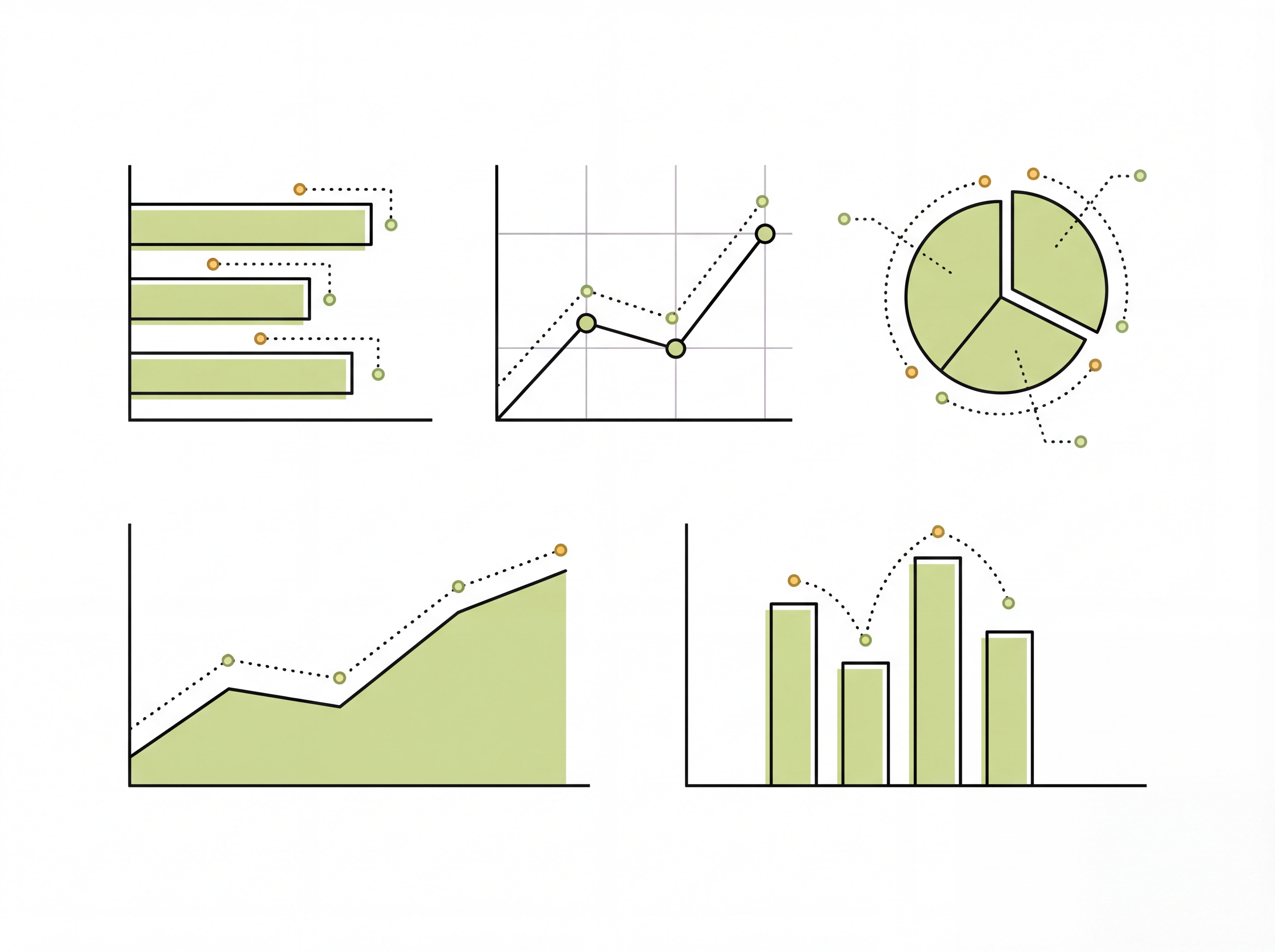 Data visualisation illustrations — bar charts, line graphs, pie chart with brand circle motifs and Gold/Lime nodes