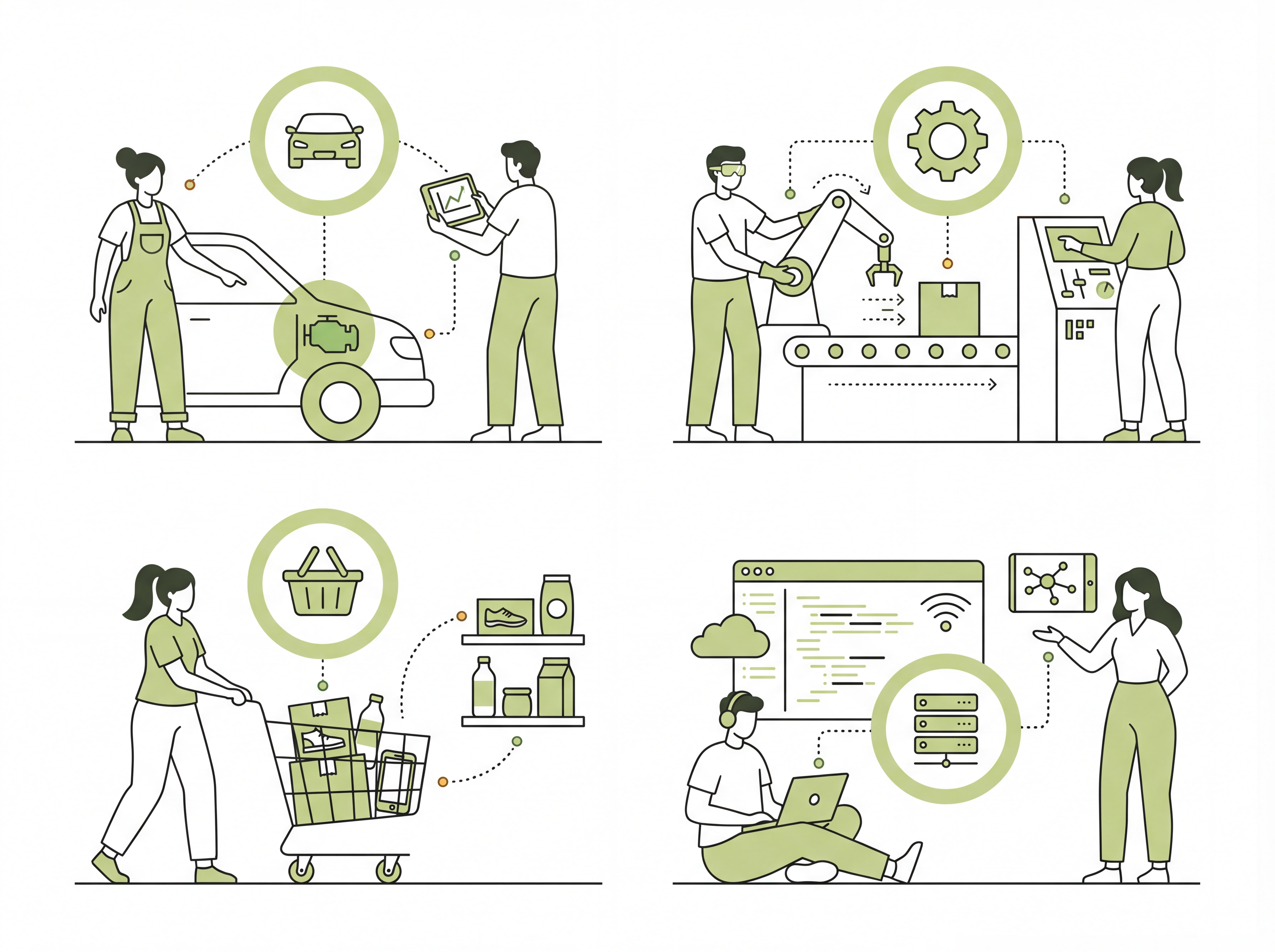 Scene illustrations — figures in industry and retail settings with Lime fills, Ink outlines, and circle icon containers