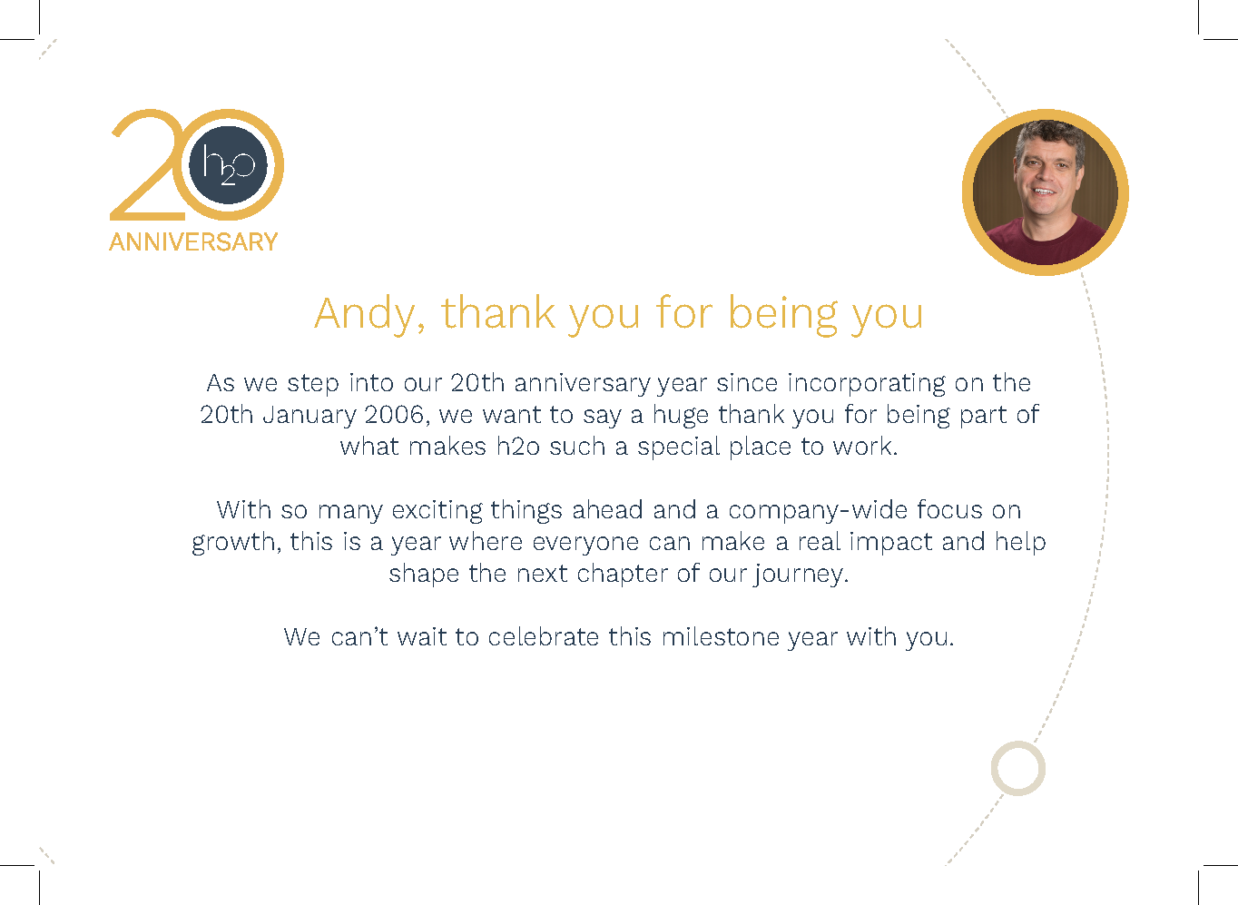 20th anniversary thank you card — inside, personalised message with photo in Gold circle